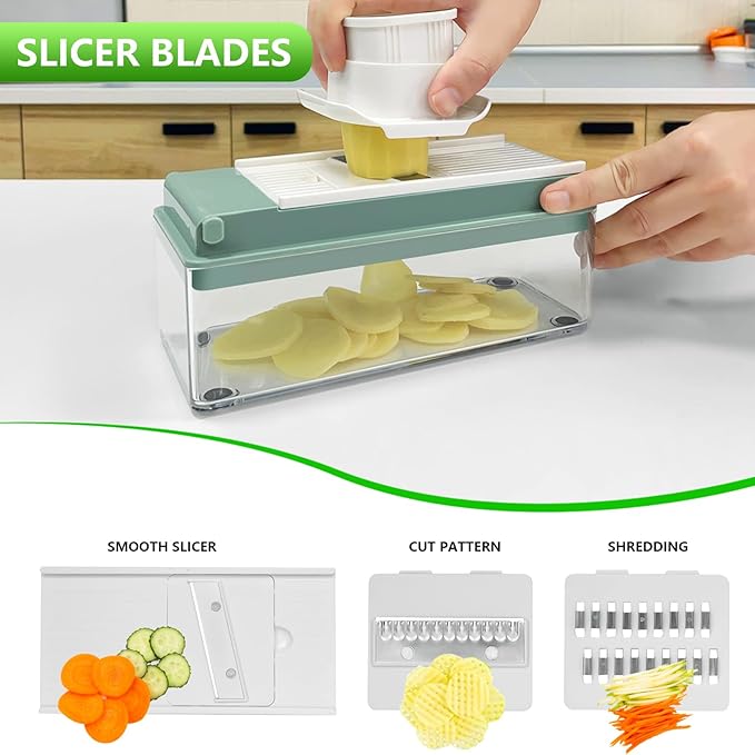 Vegetable Chopper, Onion Chopper Dicer, Mandoline Slicer, Food Chopper with Container, Vegetable Cutter for Salad Potato Carrot Garlic(10 Blades, Blue White)