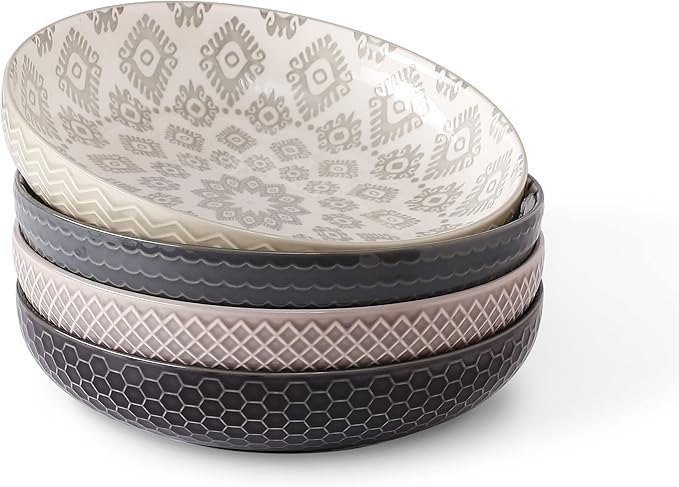 Signature Housewares 26 OZ Shallow Dinner Bowls/Deep Plates Perfect for Spaghetti and Salads - Set of 4 - Large Ceramic Bowls - Colorful Pasta Bowls - Set of 4, Multi-tone Neutral
