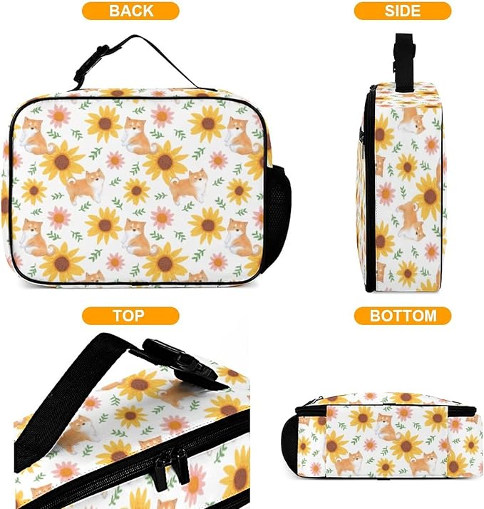 Dog Sunflower Reusable Lunch Box Insulated Lunch Bag Cooler Bag Lunchbox Meal Food Container Tote Bag for Women Kids Girls School Camping Hiking Picnic Beach Travel