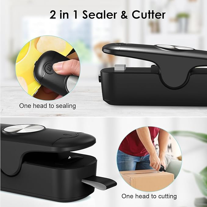 2 Pack Mini Bag Sealer, 2 in 1 Sealer and Cutter, Portable Heat Sealer Machine, Chip Heat Resealer for Snacks & Food Storage, Black/White (Batteries Included)