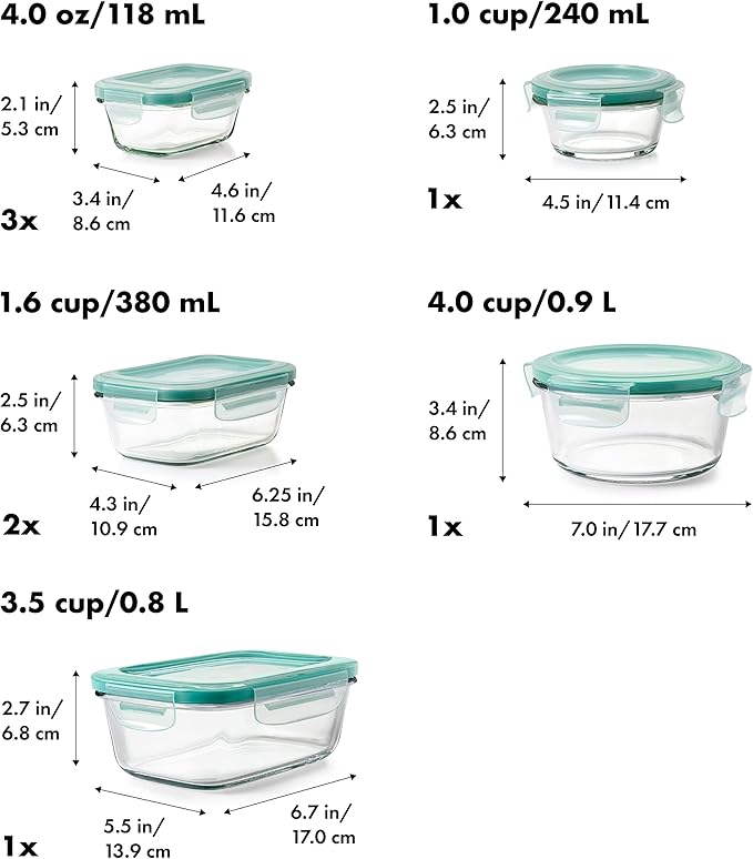 OXO Good Grips 16 Piece Glass Smart Seal Airtight Everyday Container Set & Good Grips 4-Piece Smart Seal Leakproof Mini Glass Container Set