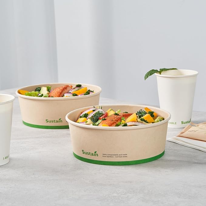 Restaurantware-Sustain 44 Ounce Sturdy Paper Take Out Boxes, 50 Round Take Out Food Containers - With PLA lining, Compostable, Bamboo Paper Containers, Disposable, Greaseproof
