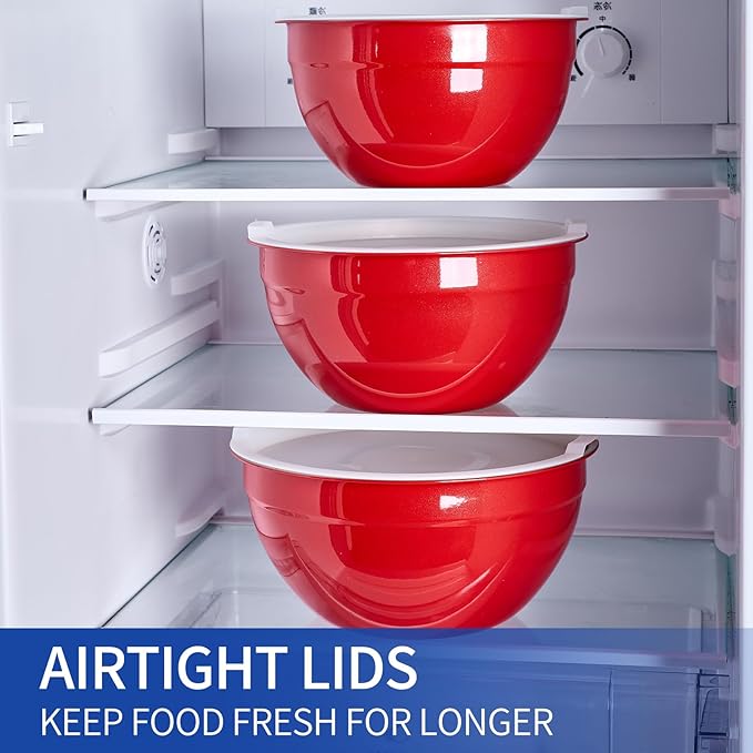 Red Mixing Bowls With Airtight Lids,Stainless Steel Bowl,Salad Bowls 7 Piece Colorful Nesting Bowl Rainbow Kitchen Accessories,Size 7,3.6,2.7,2.1,1.5,1.1,0.8QT Stackable Design
