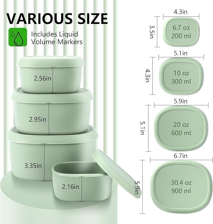 4Pcs Silicone Food Storage Containers with Lids,BPA Free Reusable Silicone Storage Containers for Food Freezer Containers Freezer Dishwasher Safe (33.8oz, 20oz, 10oz, 6.7oz) (green)
