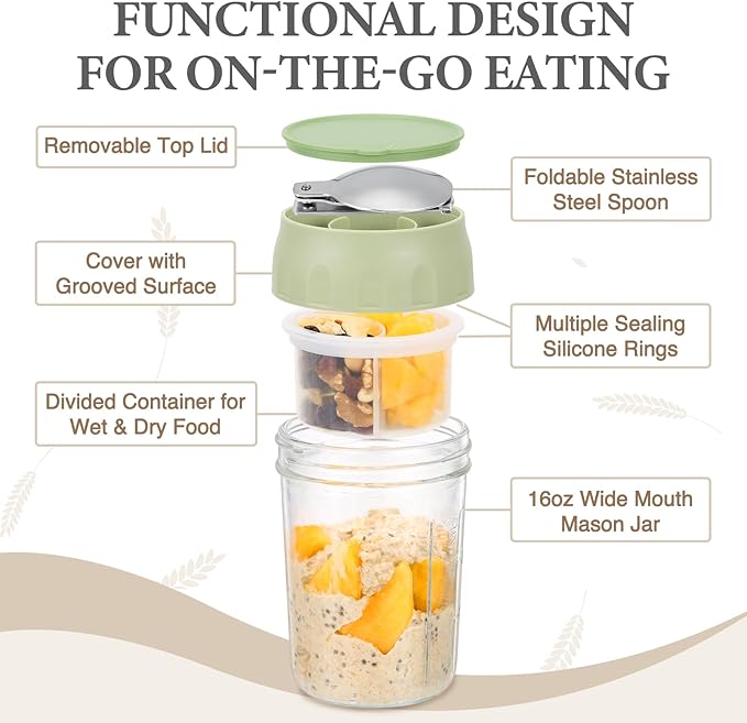 SOLIGT 2 Pack Overnight Oats Containers with Lids, Folding Spoons, and Divided Compartments for Fruit & Nuts, Small Glass 16oz Mason Jars for Oatmeal Yogurt Parfait (2 Set-Oat White/Organic Green)