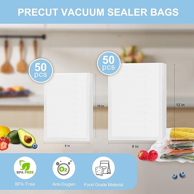 100pcs Vacuum Sealer Bags, Quart 8"x12" and Pint 6"x10" Food Saver Bags, Pre-cut Commercial Grade Vac Bags for Food Storage, BPA Free, Heavy Duty, Meal Prep or Sous Vide Cooking