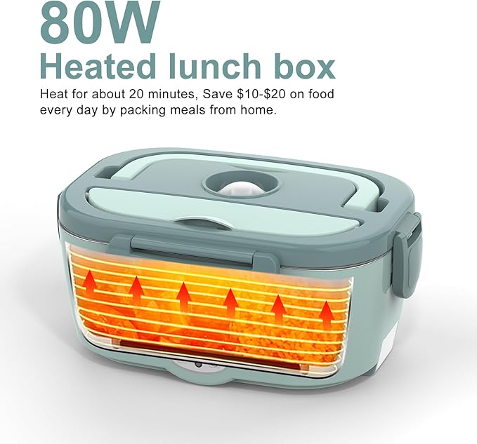 Electric Lunch Box Food Heater, 60W-80W Heated Lunch Box for Adults, 12V 24V 110V Portable Food Warmer LunchBox for Car Truck Work with Removable 304 Stainless Steel Container, Carry Bag
