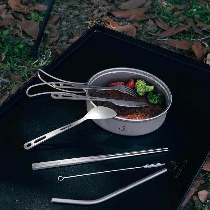 Titanium Camping Flatware, Titanium Spork Spoon Chopsticks Knife Straw Cutlery Set PortableTableware for Lunch Box Outdoor & Hiking, Comes with Drawstring Bag & Carabiner- Sandblasted