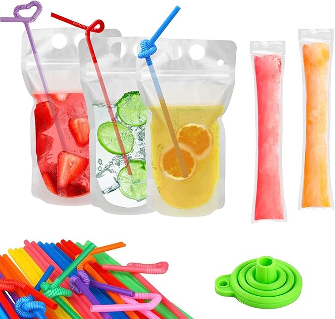 100 Pcs Drink Pouches with 100 Straws, Juice Pouches with 30Pcs Disposable Freezable Ice Popsicle Mold Bags, Drink Pouches for Adults and Kids, Clear Pouch for Cold & Hot Drinks (100Pcs)