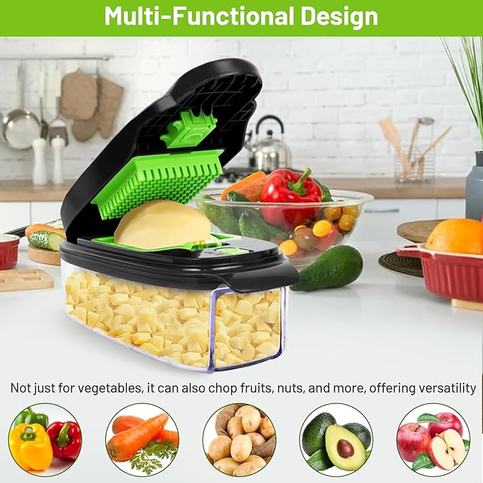 Vegetable Chopper with Large Container, 16-in-1 Multifunctional Food Chopper with 7 Blades, Mandoline Slicer Dicer Cutter for Kitchen, Grater Veggie (Green/Black)