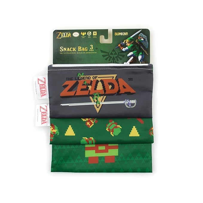 Bumkins Nintendo Reusable Sandwich and Snack Bags, for Kids School Lunch and for Adults Portion, Washable Fabric, Waterproof Cloth Zip Bag, Travel Pouch, Food-Safe Storage, 3-pk Legend of Zelda