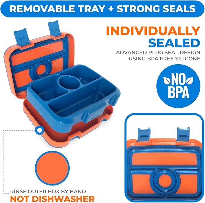 kinsho Bento Lunch Box for Kids Toddlers Boys, 5 Portion Sections Secure Lid, Microwave Safe BPA Free Removable Tray, Pre-School Kid Daycare Lunches Snack Container Ages 3 to 5, Blue Orange