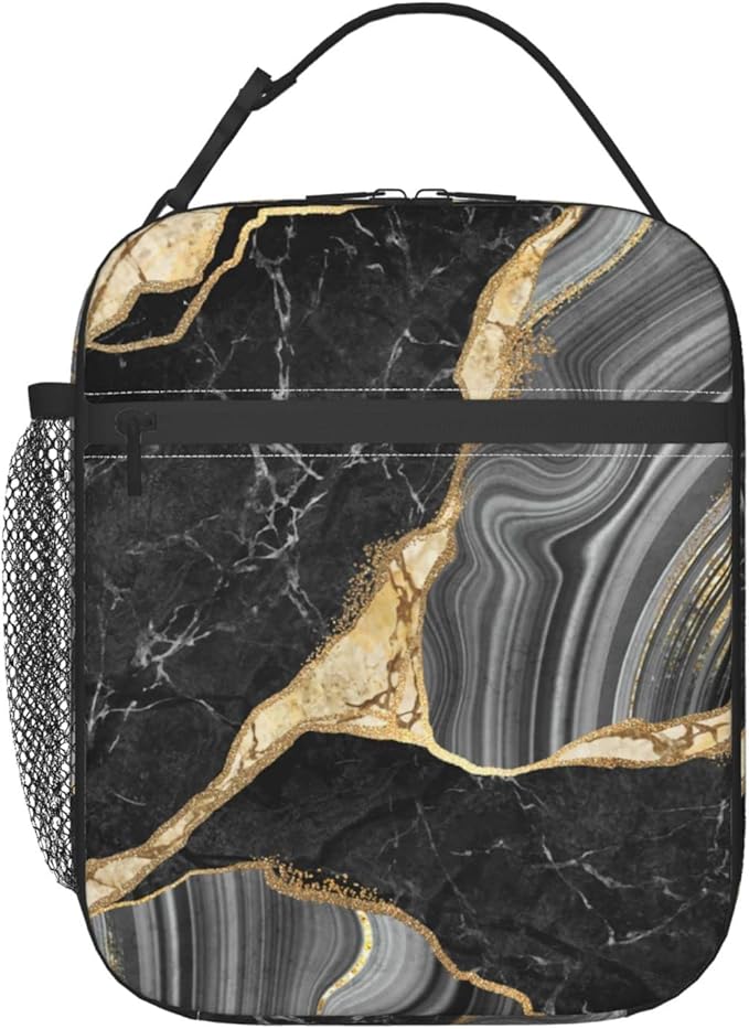YETTA YANG Marble Black And White Gold Portable Lunch Bag Insulated Lunch Box Reusable Totes For Women Men Work Picnic Camping