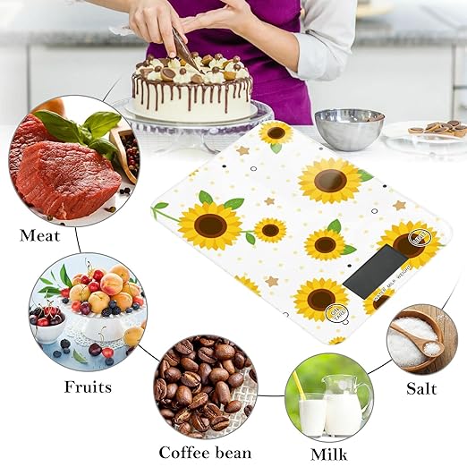 Food Scale Kitchen Digital Scale Food Ounces and Grams Dieting Baking Cooking Waterproof Glass Panels LCD Display,4 Units Scale Tare Function Sunflower
