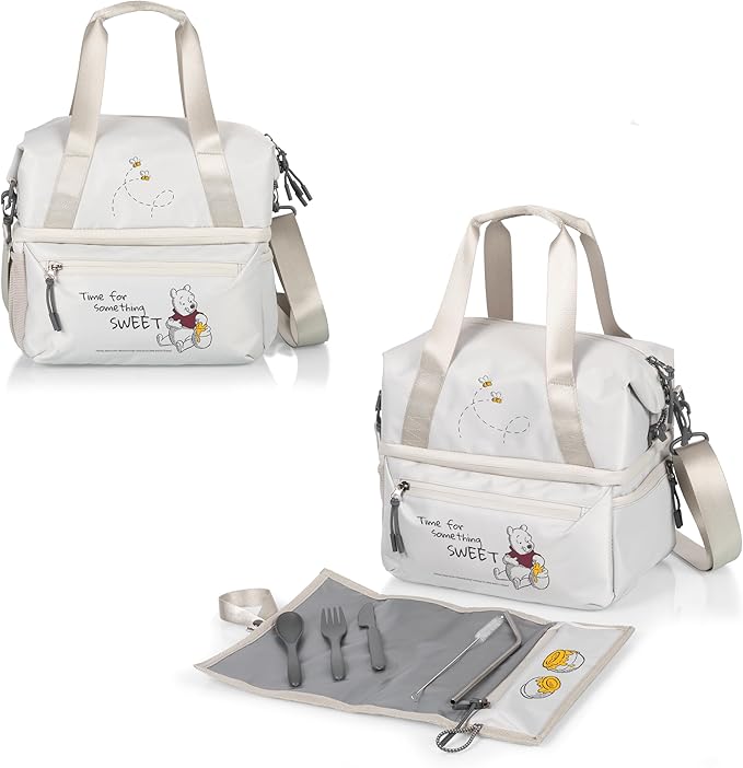 PICNIC TIME Disney Winnie The Pooh Tarana Insulated Lunch Bag Made from Recycled Material, Lunch Box with Picnic Set, Upcycled Lunch Cooler Bag, (Halo Gray)