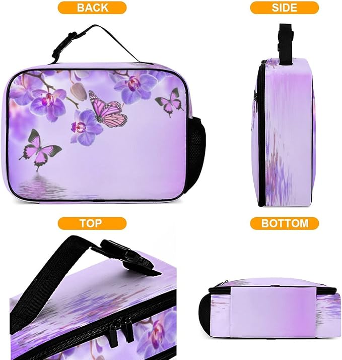 Orchids Butterfly Reusable Lunch Box Insulated Lunch Bag Cooler Bag Lunchbox Meal Food Container Tote Bag for Women Kids Girls School Camping Hiking Picnic Beach Travel