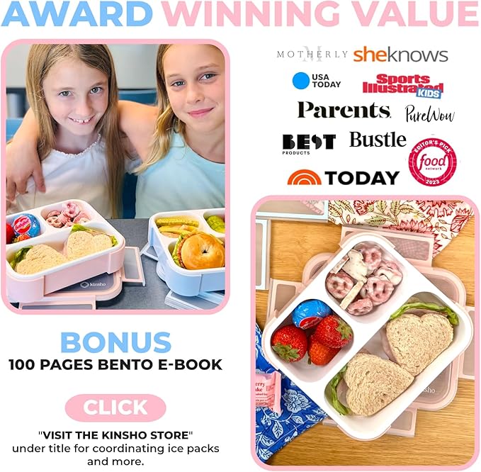 Medium Bento Box for Kids, Lunch-Box for Boys or Girls, Leakproof 3 Compartment Containers for Meal or Snack, BPA Free, 2 pack Pastel Teal + Pink