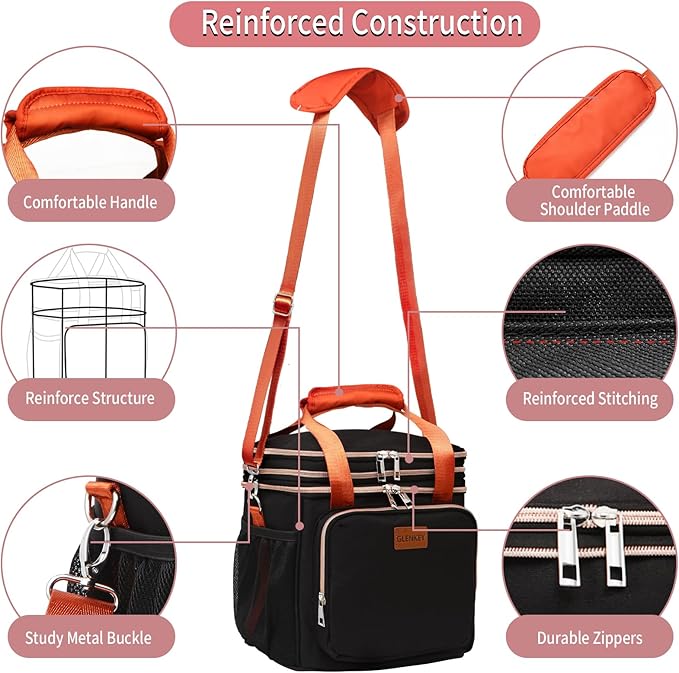 GLENKEY Expandable Insulated Lunch Box for Women Men, Double Deck Large Lunch Bag Tote Leakproof Lunch Cooler with Shoulder Strap for Adults Work Shift Outdoor Picnic Daytrip, (Black, 16L)
