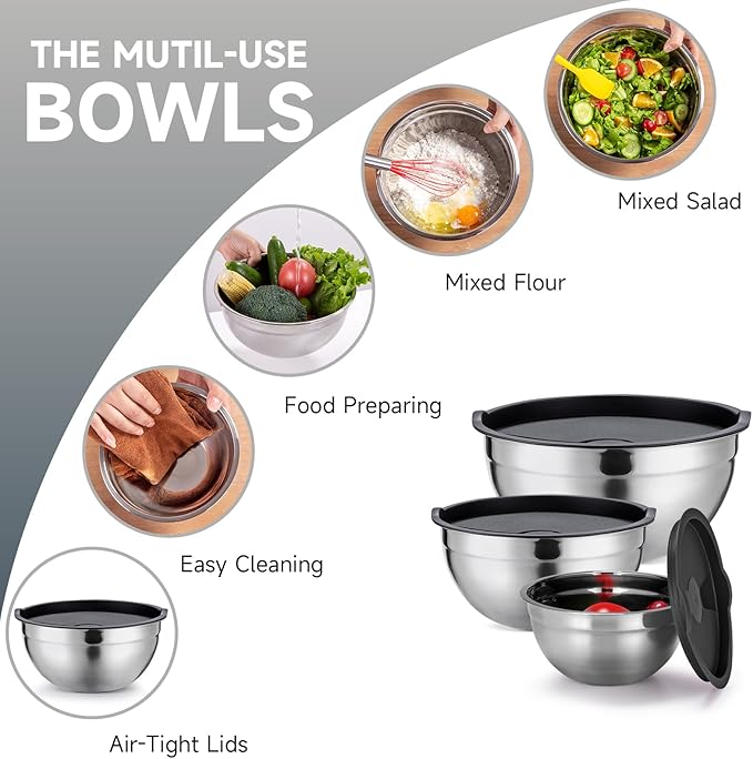 Mixing Bowls Set of 5,Stainless steel Nesting Bowls with Airtight Lids,Size 5, 4, 3.5, 2, 1.5QT for Baking,Cooking,Prepping and Saving Food (BLACK, 5PCS)