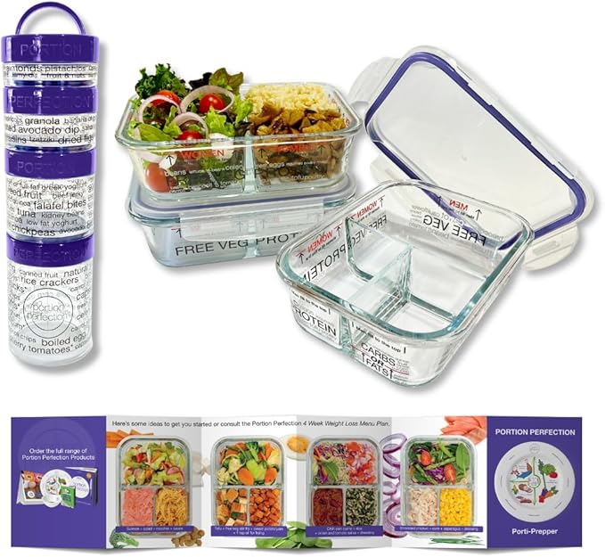 Portion Perfection Portion Control Container - Glass Meal Prep Containers Reusable for Food/Lunchpack 3pk plus 4 Piece Stackable Snack Container | To Go Containers with Lids for Weight Control