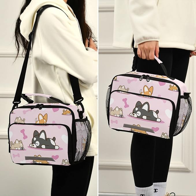 Pfrewn Lunch Box for Kids School Students Cartoon Dog Pastel Pink Insulated Lunch Bag with Shoulder Strap for Office Adults Reusable Cooler Bags Lunch Tote for Girls Boys Teens