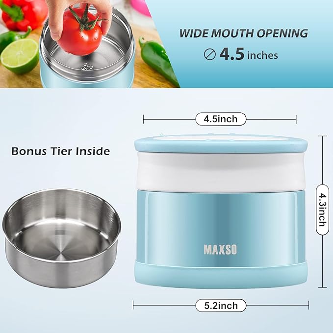 MAXSO Food Jar for Hot Food - 24 OZ Soup Thermo for Adults Vacuum Insulated Lunch Containers with Foldable Spoon & Thermal Bag, Wide Mouth Leakproof Bento Box - Blue