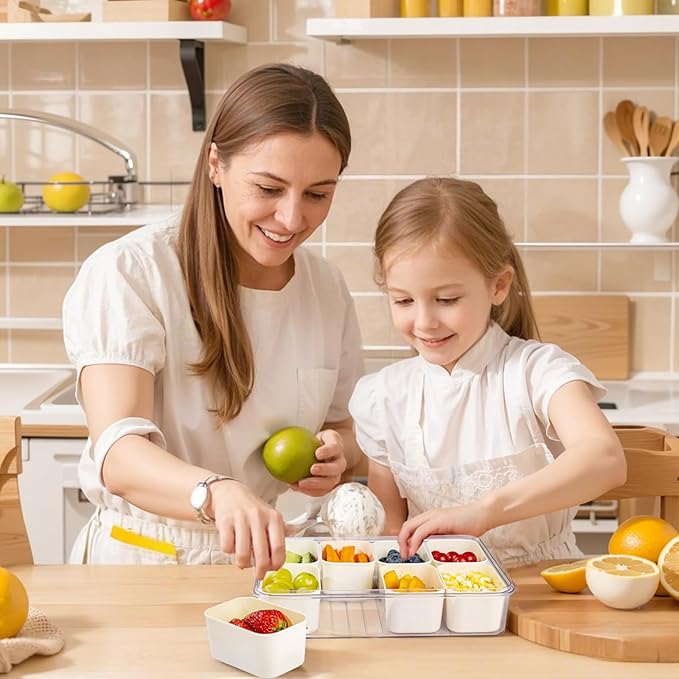 U-QE Dishwasher Safe Snackle Box Container with 8 Small Snacks Box - Premium Ivory Plastic Divided Serving Tray with Lid and Handle for Snack, Veggie, Fruits, Perfect for Party, Picnic, Entertaining