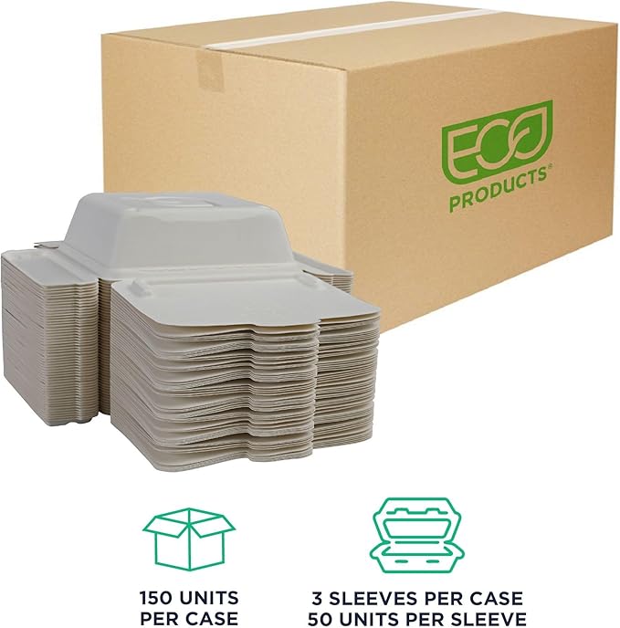 ECO PRODUCTS Compostable 58oz One-Piece To Go Containers, Case of 150, 8.25"x7.5"x2.5" Vanguard Folia Innovative Container, Disposable Renewable White Molded Fiber, No PFAS, ASTM, BPI-Certified