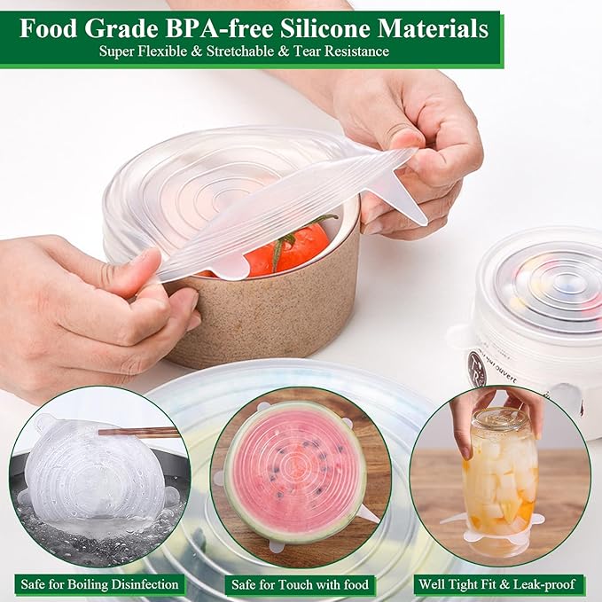 Adpartner Silicone Stretch Lids, 12 Pack of Reusable Silicone Lids for Food Storage BPA-free Silicone Covers for Bowls, 6 Different Sizes to Fit Most Food Containers, Microwave & Dishwasher Use Safe