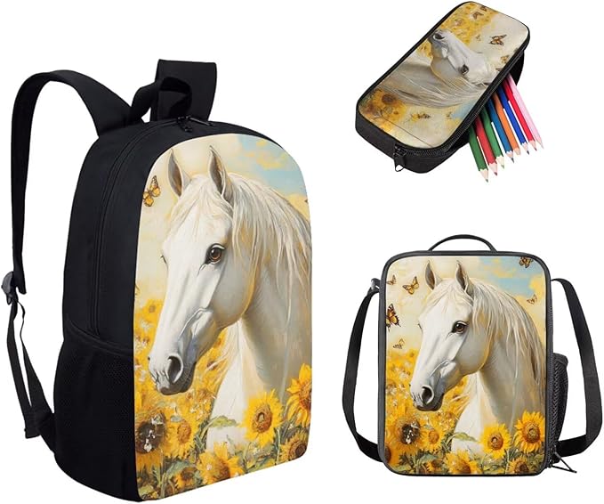 Dolyues Sunflower Horse Girls Backpack Combo: 17 Inch Lightweight Backpack, Eco-Friendly Lunch Bag & Organizer Pencil Case - Ages 5-10