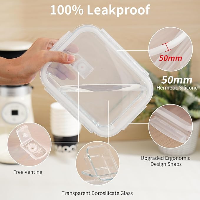 10 Pack Glass Food Storage Containers with Lids, Glass Meal Prep Containers Set with Leak Proof Lids, Airtight Lunch Container, Dishwasher Safe,Freezer Safe Food Storage Containers and 10 Lids