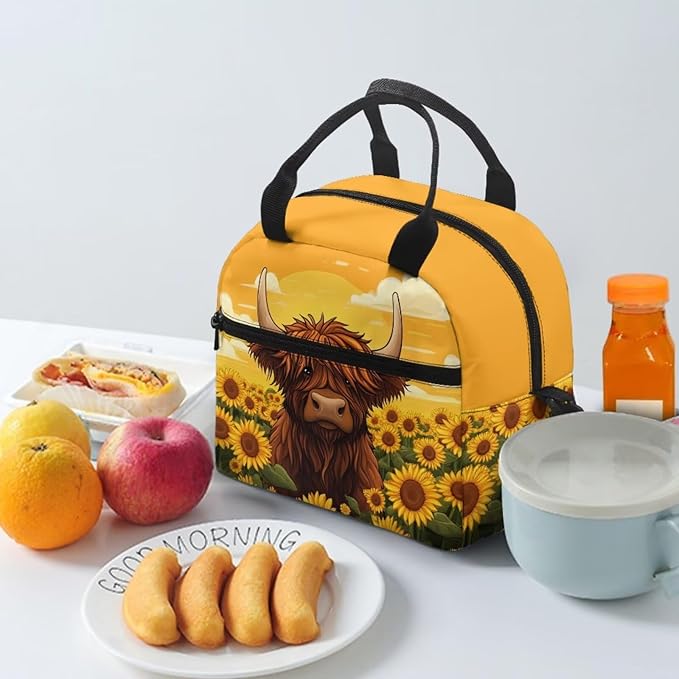 Showudesigns Highland Cow Lunch Box for Girls 8-10 10-12 12-14 Lunch Tote Bag Sunflower Lunchbox Bento Keep Food Cold and Warm for Long Time Picnic Bags Insulated Lunchbags