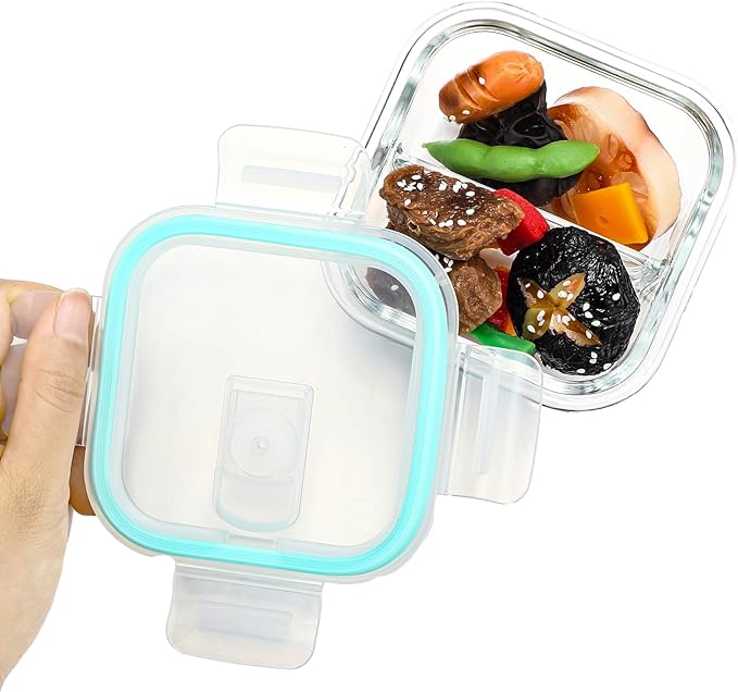 4 Pack Glass Portion Control Bariatric Containers with Lids and 4 Set Knives Forks Spoons Flatware Set Food Containers for Adults Diet Balanced Eating Weight Loss Serving Plan