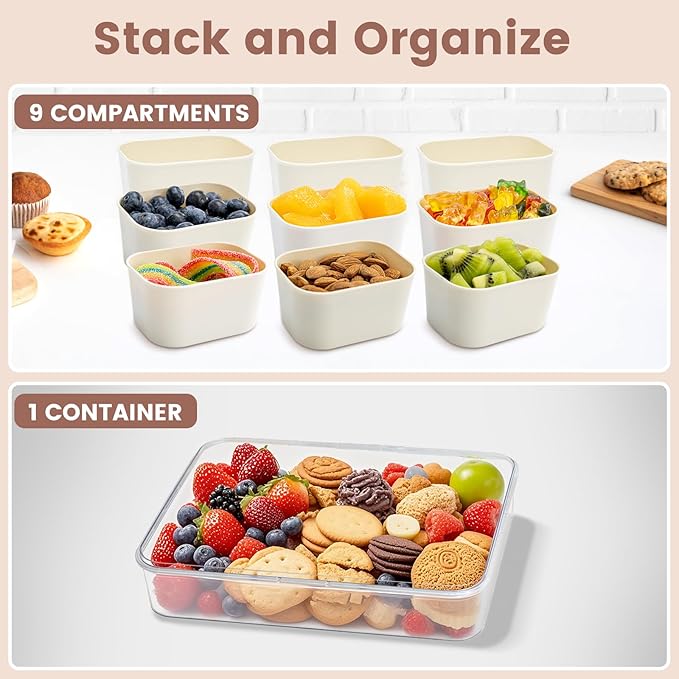 Snack Box Container, Portable Travel Charcuterie Board with Lid, Refrigerator Food Storage Box, Snack Organizer, Divided Storage Containers, chopped salad box (2 pack 9 Compartment)