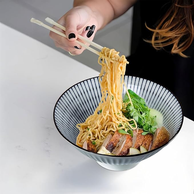 38 oz Japanese Ramen Bowl Set of 4 - Large 8 Inch Ceramic Soup Bowls, Blue and White Japanese Noodle Bowls for Pho, Ramen, and Cereal - Striped Patterns