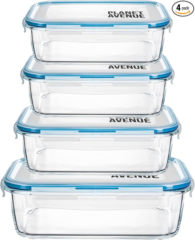PLANET AVENUE 4-Pc Glass Food Storage Containers Set with Plastic Lids, Airtight, Meal Prep Containers with Leak-Proof Locking Lids, Safe for Microwave, Own Freezer, and Dishwasher, BPA-Free