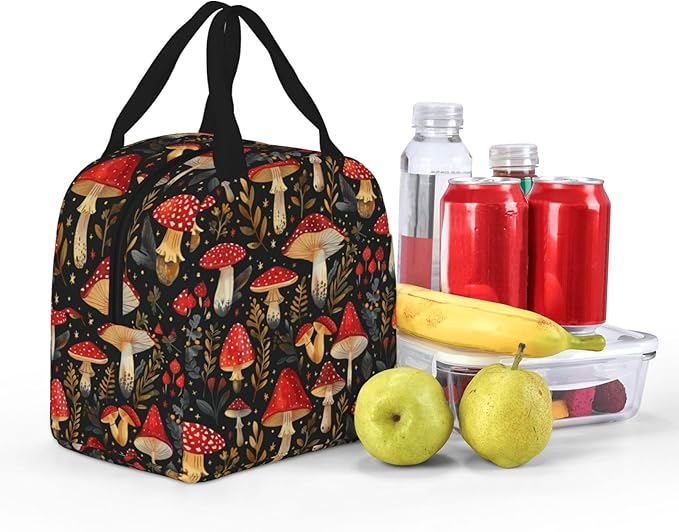 Mushroom Lunch Box Vintage Mushroom Leaf Forest Insulated Lunch Bag for Kids Women Men Reusable Cooler Botanic Lunch Tote Bag with Front Pocket for Girls Boys Students School Picnic Travel Office