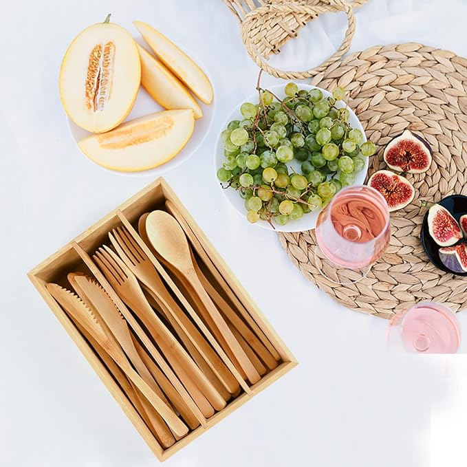 Bamboo Cutlery Reusable with Silverware Organizer, 16Pcs Flatware Set with Bamboo Forks Spoons Knives, Reusable Cutlery with Portable Storage Case for Home and Travel Camping Hiking