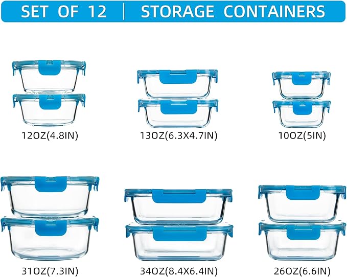 12 Pack Glass Meal Prep Containers with Airtight Lids, Leak-Proof Food Storage Containers, Dishwasher/Microwave/Oven/Freezer Safe Glass Containers for Lunch, Leftovers, to Go (Blue)