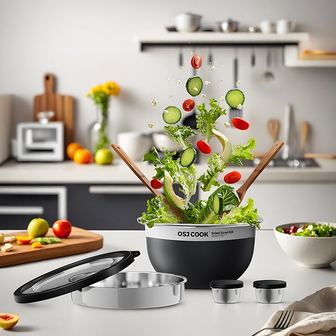 18/8 Stainless Steel Salad Bowl Kit - 51oz, Mixing Bowls with Lids Set, Black - Comes with 1.7oz Condiment Container and Removable Tray for Organization - Leak-Proof, Easy to Clean, Dishwasher Safe