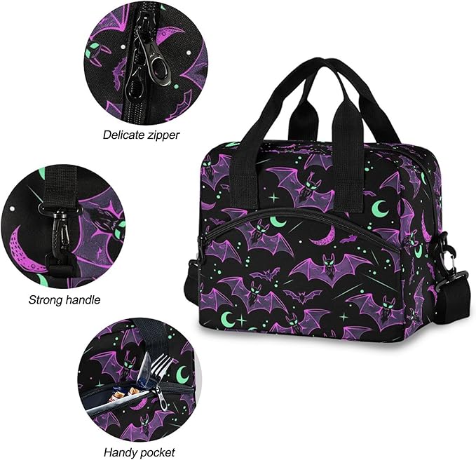 MNSRUU Insulated Lunch Bag Neon Purple and Bats Stars and Moons Women Men Fabric Dinner Tote Cooler Bag Reusable Leakproof Lunch Box with Adjustable Shoulder Handles Strap For Work School