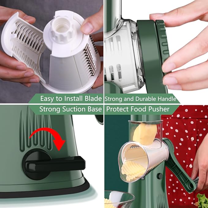 Rotary Cheese Grater 5 in 1 Cheese Grater with Handle Vegetable Slicer with 5 Interchangeable Blades, Storage Box, Green Cheese Shredder with Strong Suction Base for Kitchen (Green)