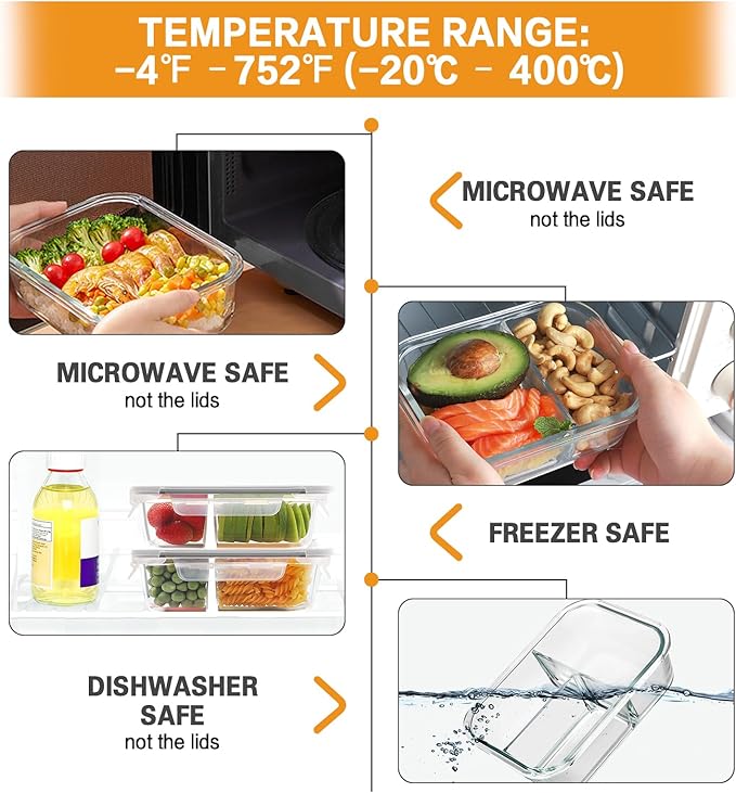 Bayco 9 Pack Glass Meal Prep Containers 3 & 2 & 1 Compartment, Glass Food Storage Containers with Lids, Airtight Glass Lunch Bento Boxes, Leak Proof (9 lids & 9 Containers) - Grey
