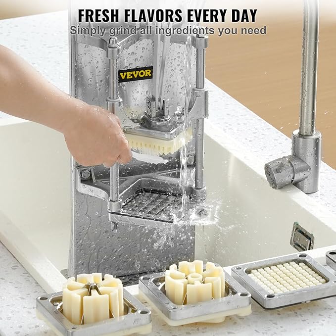 VEVOR Commercial French Fry Cutter with 4 Replacement Blades, 1/4 and 3/8 Blade Easy Dicer Chopper, 6-wedge Slicer and 6-wedge Apple Corer, Lemon Potato Cutter for French Fries with Extended Handle