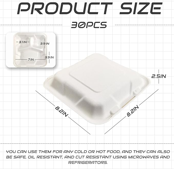 8X8 30 Pack Clamshell Take Out Food Containers, 3 Compartment To Go Containers with Lids,Disposable Compostable To Go Boxes Heavy-Duty Biodegradable (8 * 8 in, 3-Compartment)
