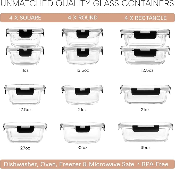 Zulay Kitchen 12 Pack Glass Meal Prep Containers with Lids - Airtight, Premium Borosilicate Glass Food Storage Containers - Microwave, Freezer & Oven Safe, BPA Free - Black