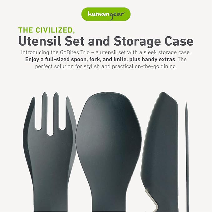 humangear GoBites Trio - Travel & Camping Utensils - Portable & Convertible Dining Ware - Multi-Functional Knife, Fork, Spoon & Toothpick, Gray