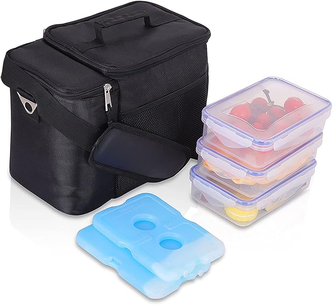 Top&Top Insulated Lunch Box Set and Cooler Bag for Men, Women (Tote Lunch Bag Includes 3 Reusable Meal Prep Containers + 2 Ice Pack + Detachable Shoulder Strap) Lunch Box for School, Office, Camping