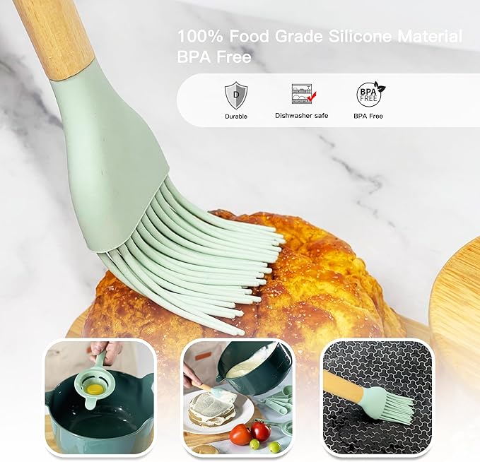 Plasic Mixing Bowls set with Baking supplies, Green Nesting Bowls with pour spout/handle, Non-Slip Base, Measuring Spoons set, Egg Whisk, Spatula & Brush, Great for Mixing, Baking, 11 Pcs