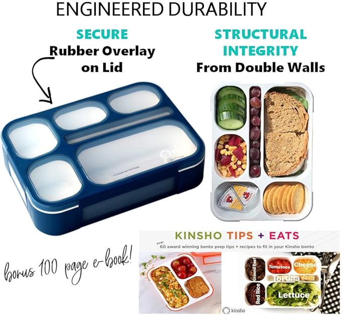 kinsho Bento Lunch Box Kids, Leakproof Lunch Containers for Boys Girls Adults with 6 Compartments - School, Daycare, Meal Planning Portion Control Container, BPA-Free Boxes, Utensils, Navy Blue